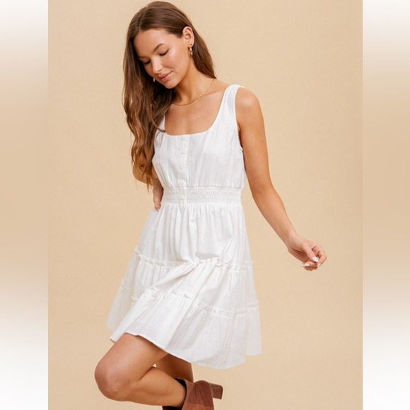 🆕Ruffle Mini Dress Button Down Smocking Waist Feminine - Picture 3 of 8